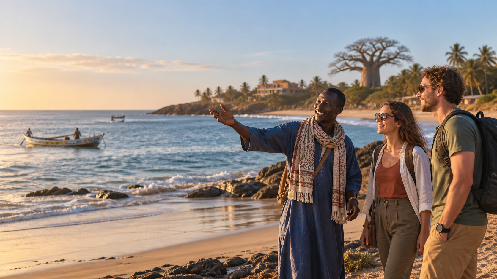 Guide sénégalais accueillant des voyageurs sur la côte